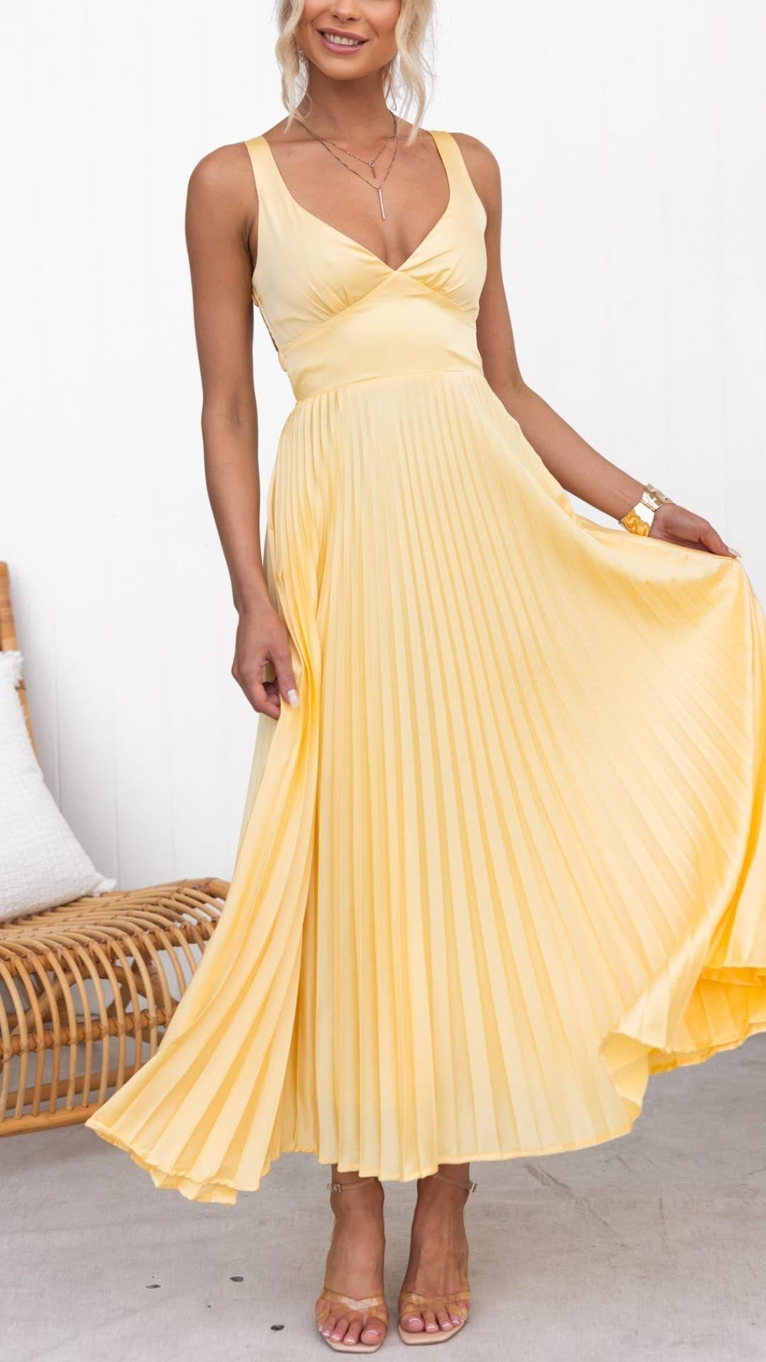 Robe Maxi Plissée Jaune