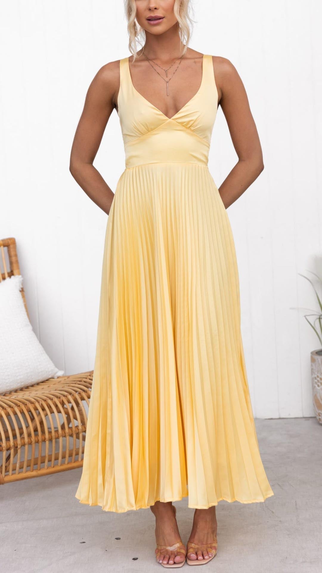 Robe Maxi Plissée Jaune