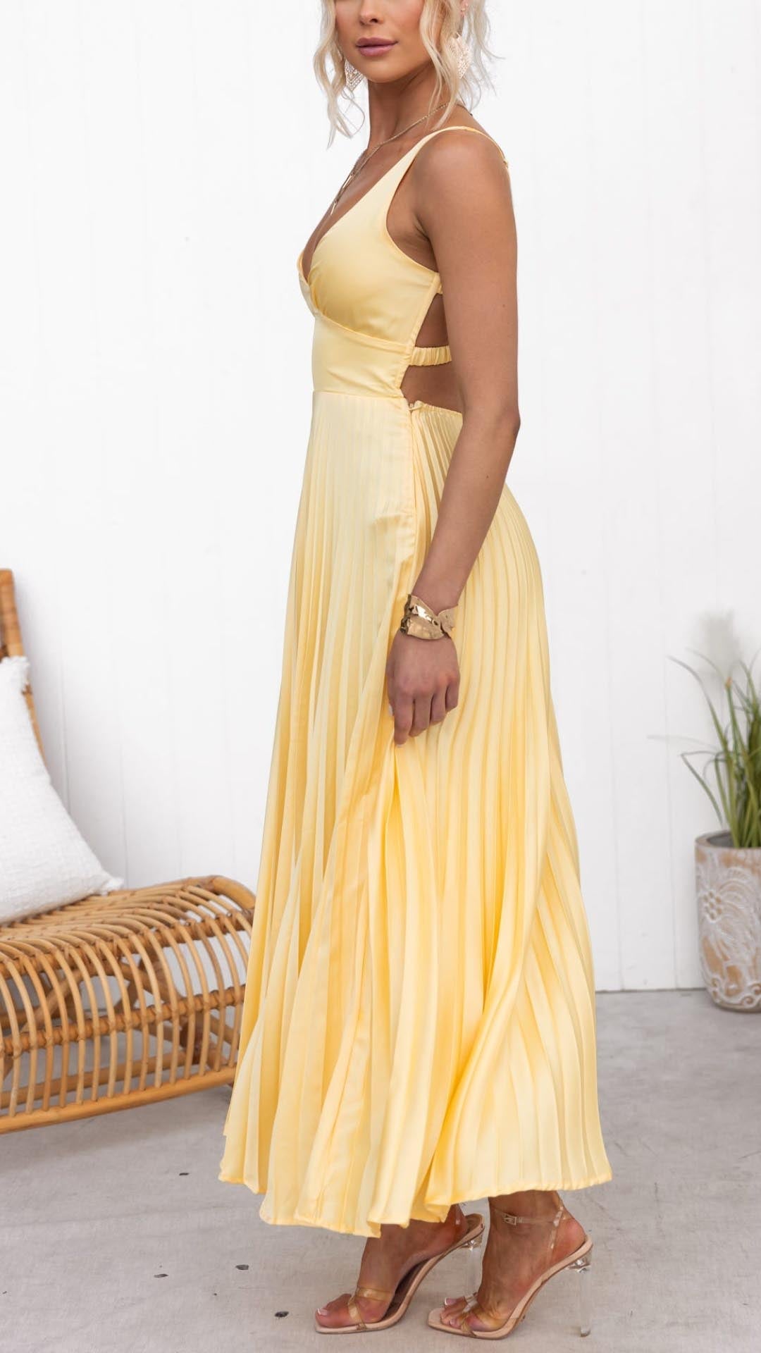 Robe Maxi Plissée Jaune