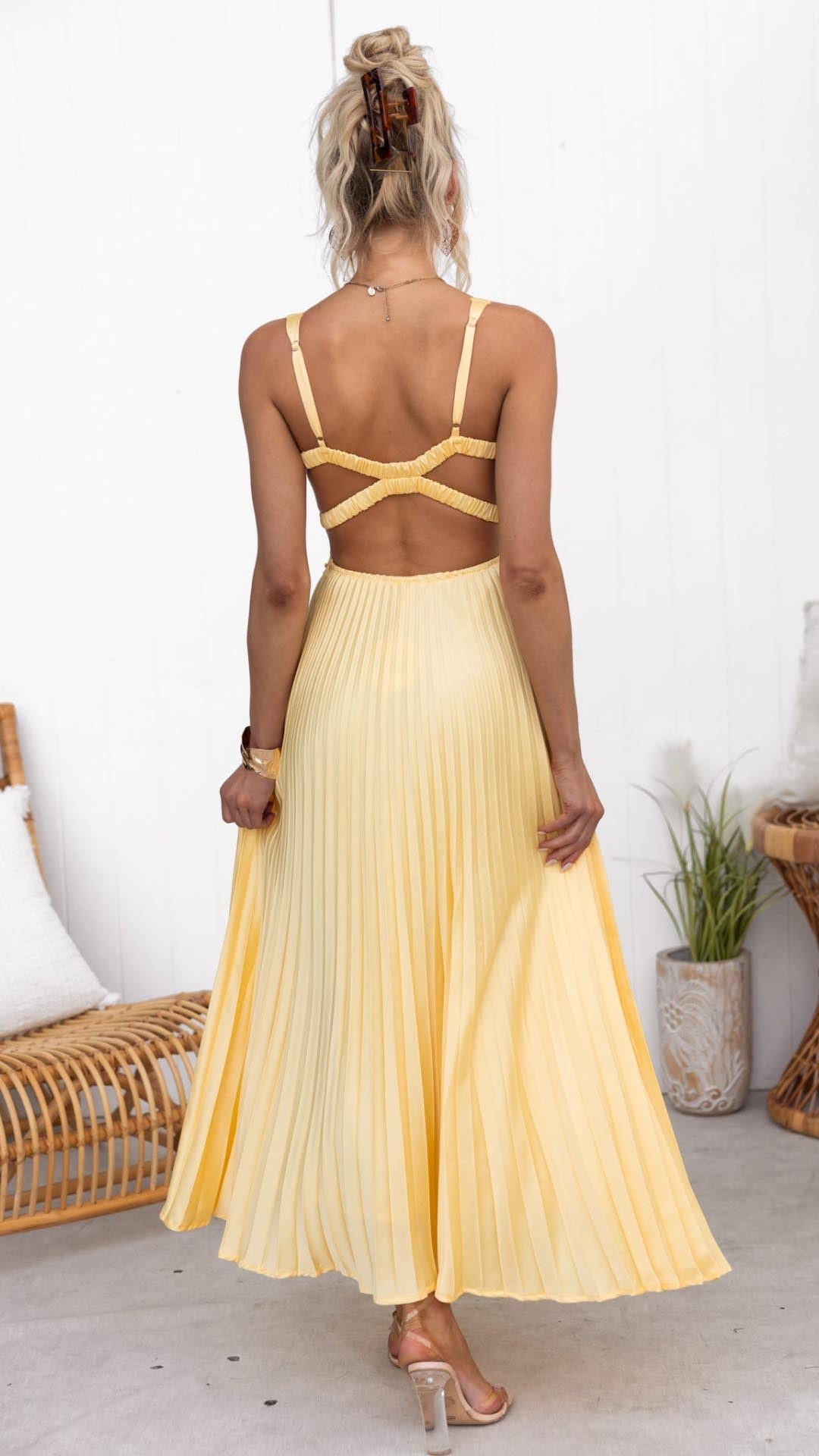 Robe Maxi Plissée Jaune